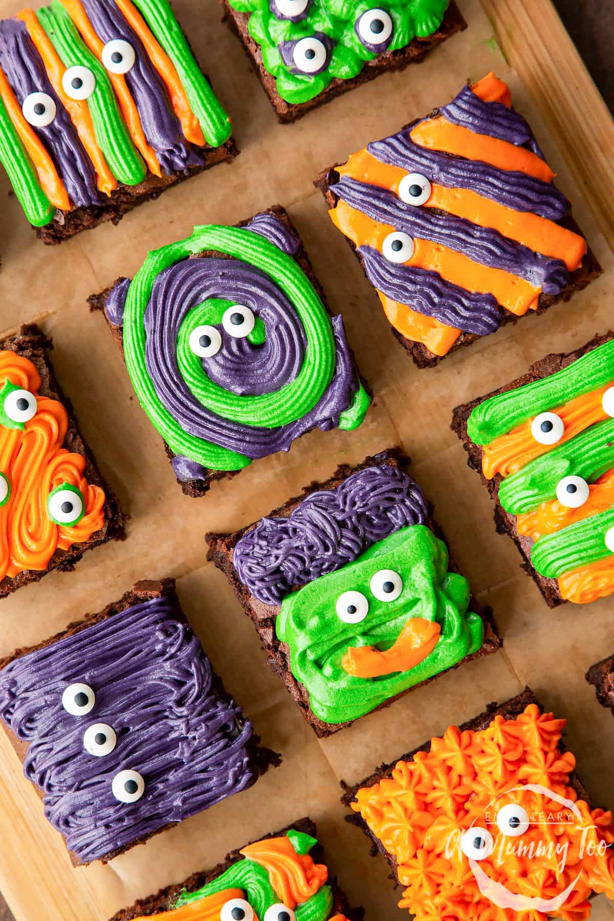 monsters made of colorful frosting on brownies