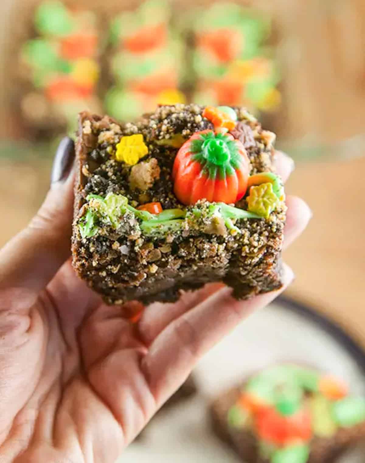 pumpkin patch brownie held in hand