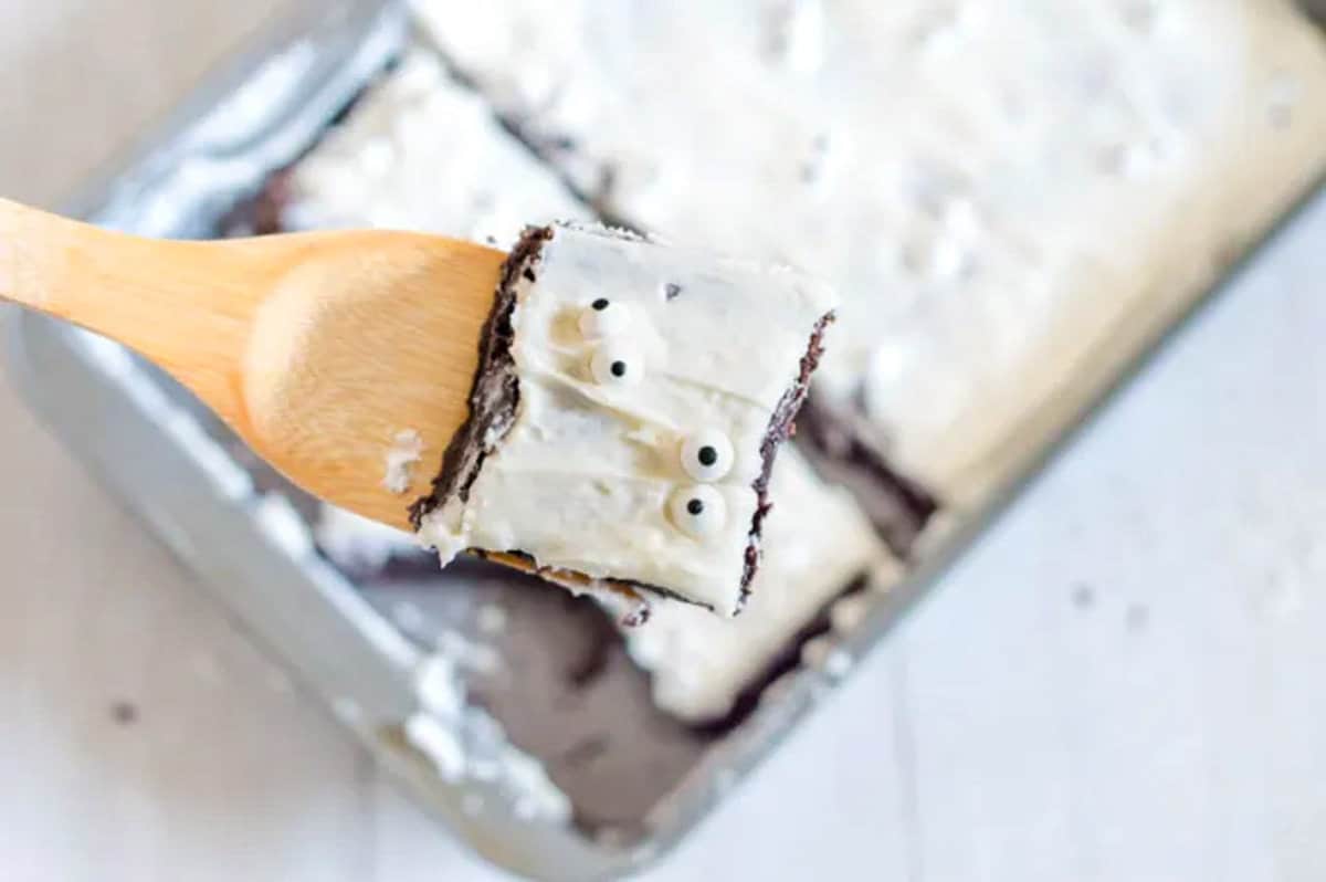 brownies with white frosting and candy eyes