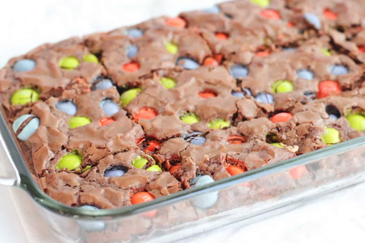brownies with halloween M&Ms in baking dish