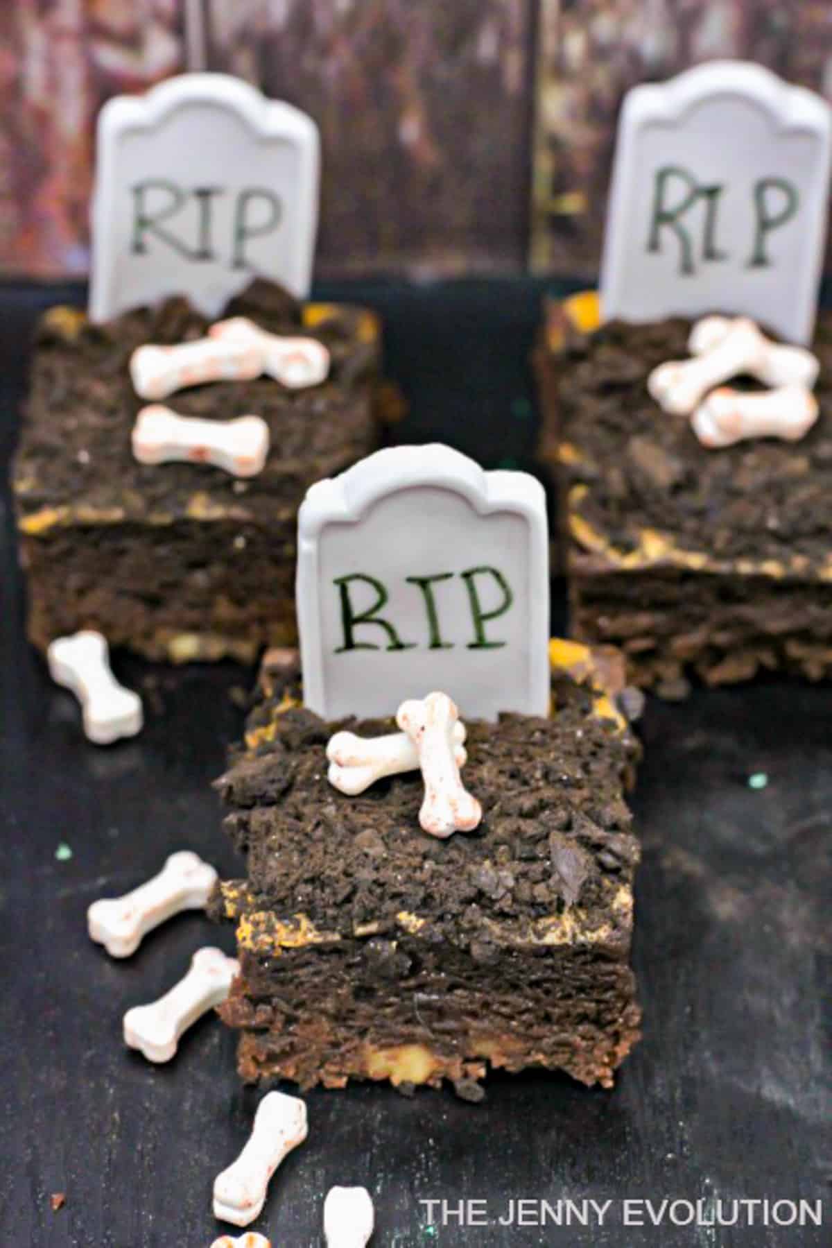 brownie with tombstone and candy bones on top