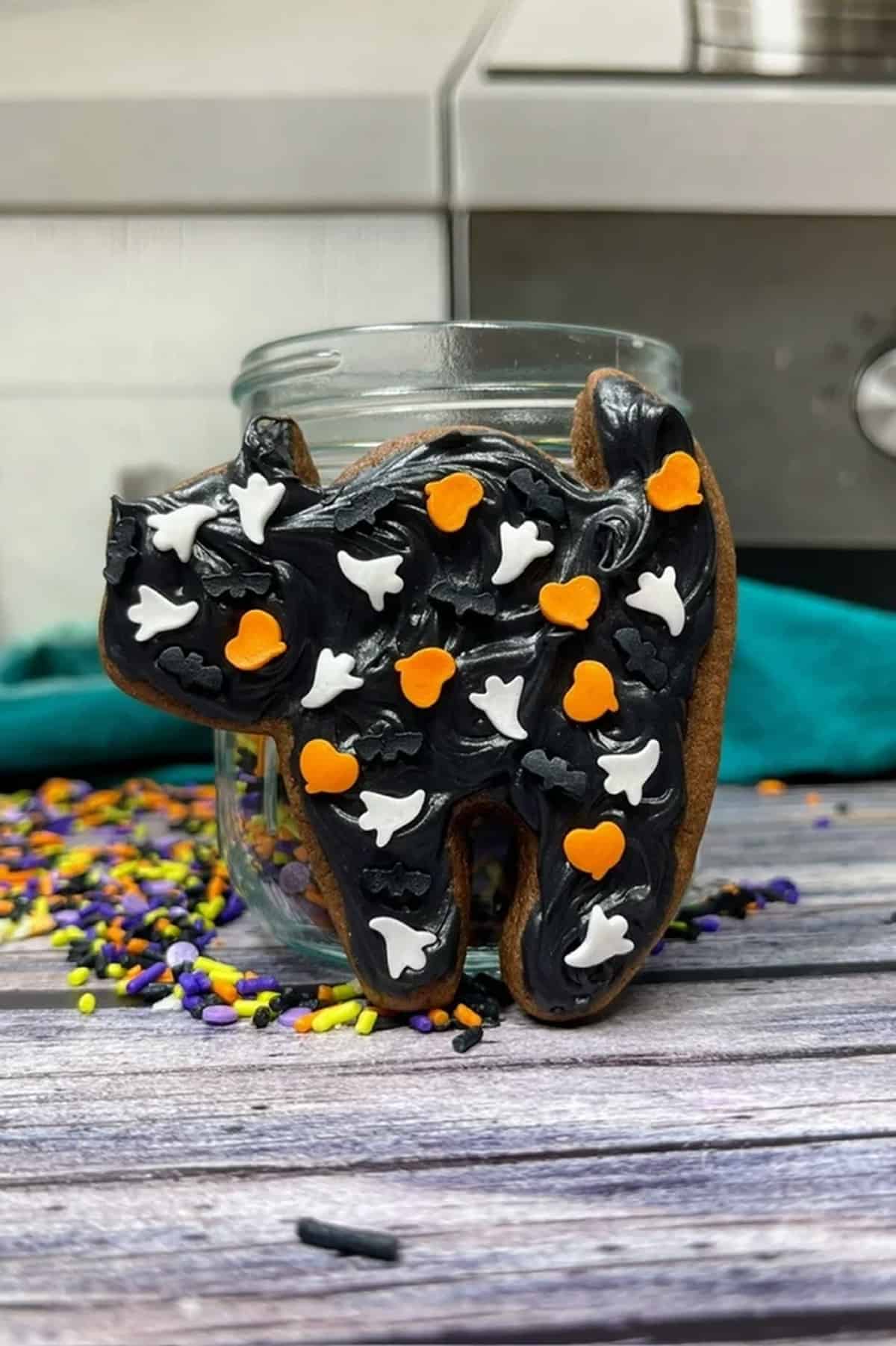 cat cut out cookie with black frosting and sprinkles