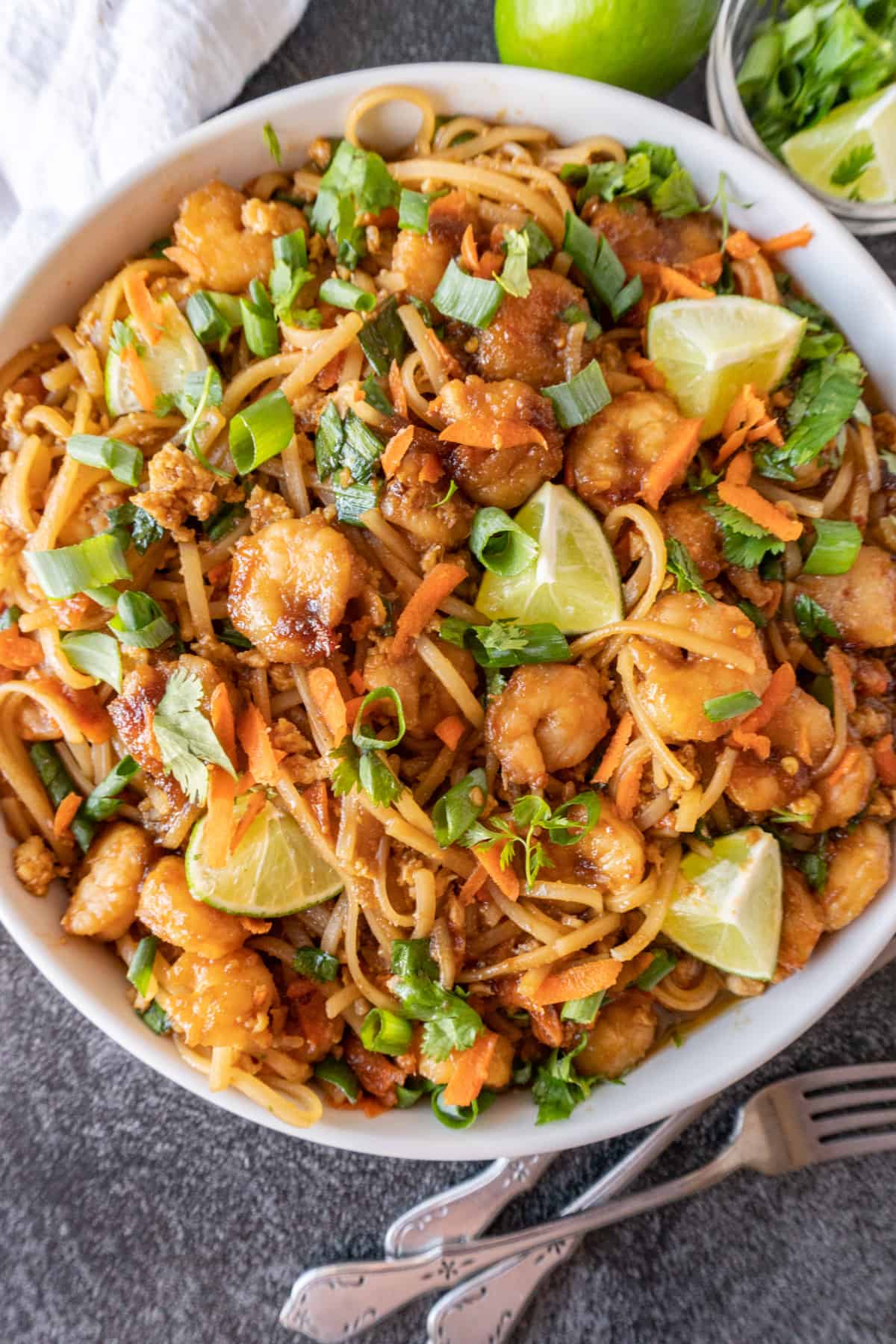 shrimp pad thai in white dish