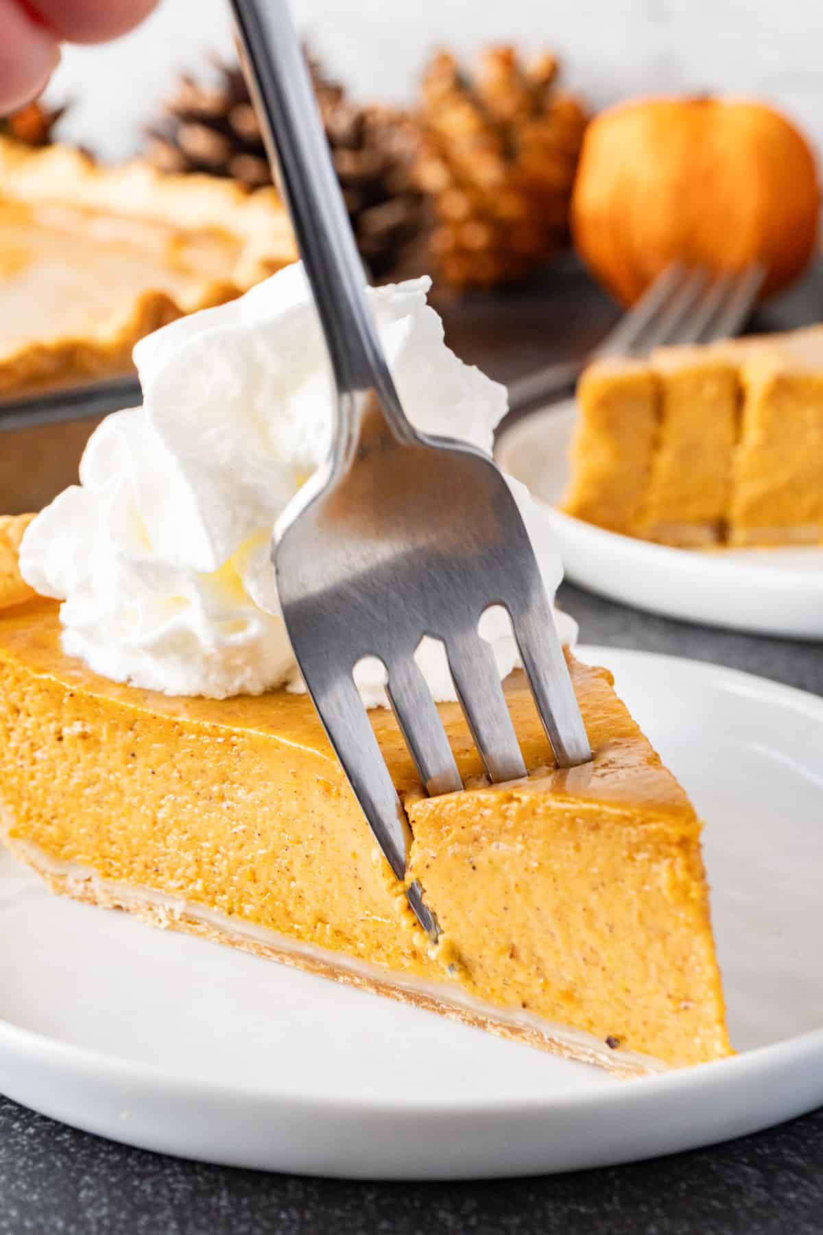taking a forkful of pumpkin pie with sweetened condensed milk