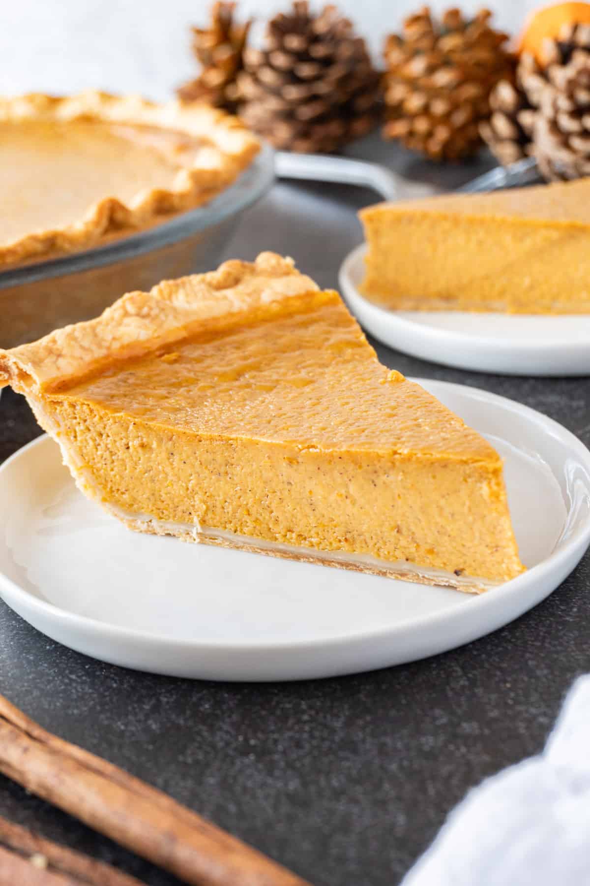 pumpkin pie with sweetened condensed milk slice close up