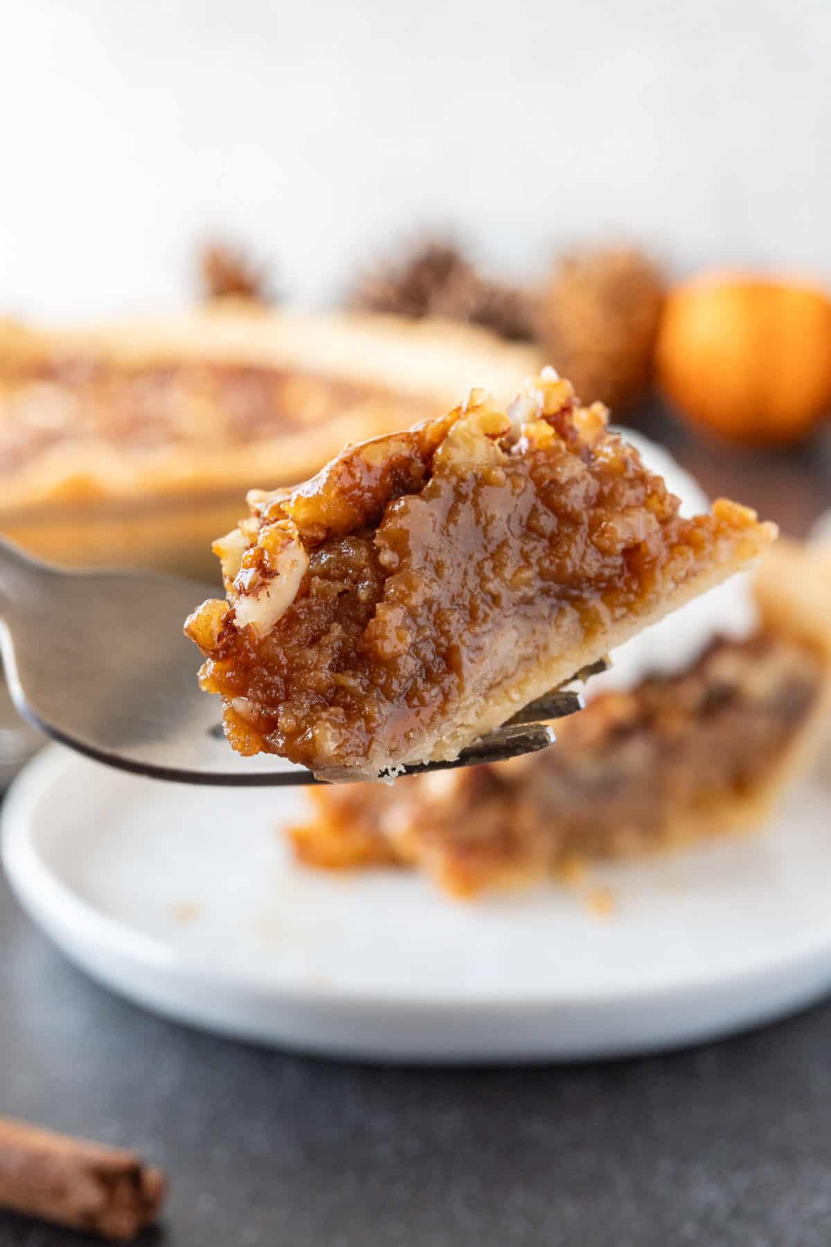 caramel pecan pie on fork