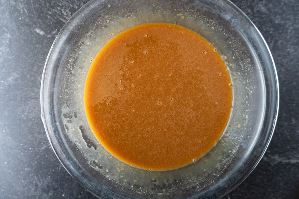 butter caramel mixed into egg mixture