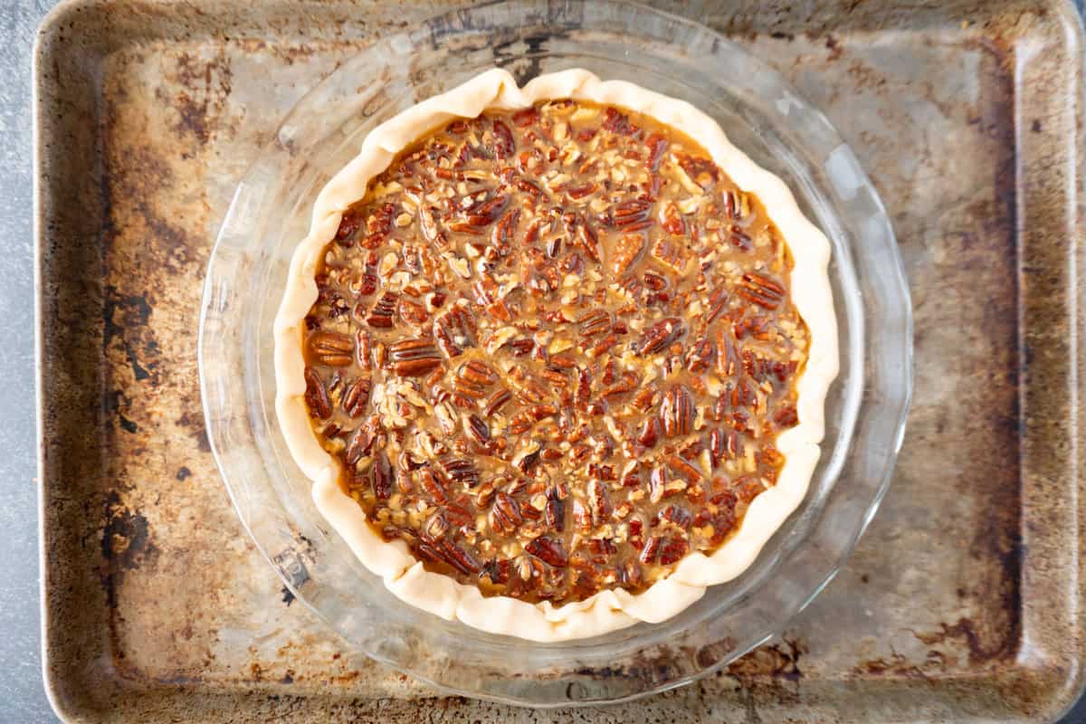 caramel pecan pie before baking