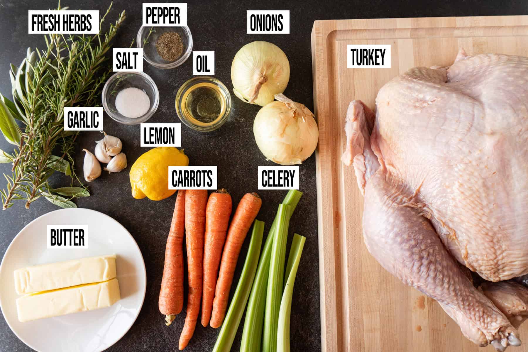 Herb Butter Turkey ingredients laid out and labeled.