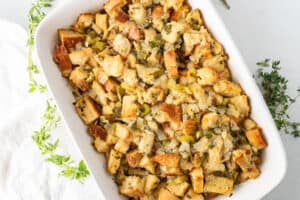 Homemade Stuffing in baking dish landscape image