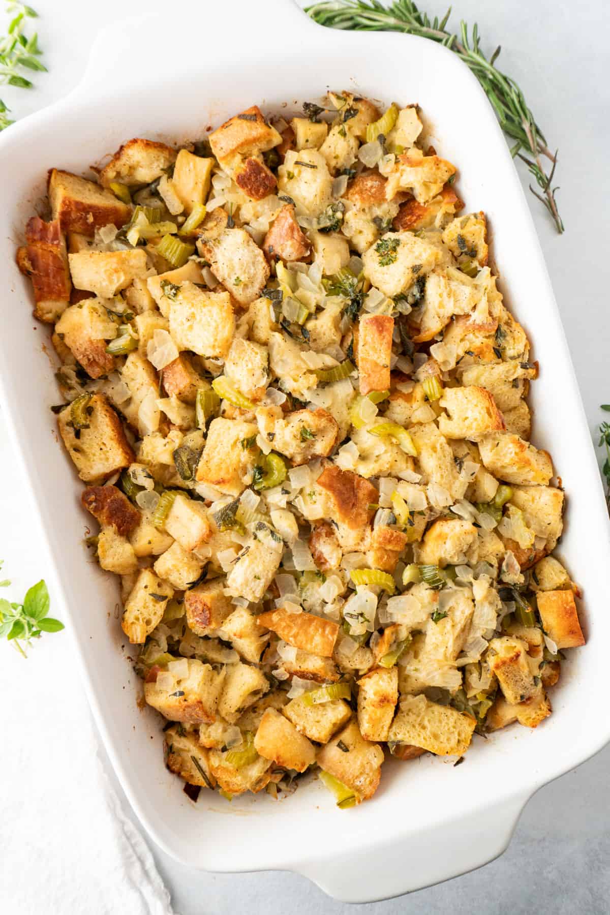 Homemade Stuffing in baking dish vertical image