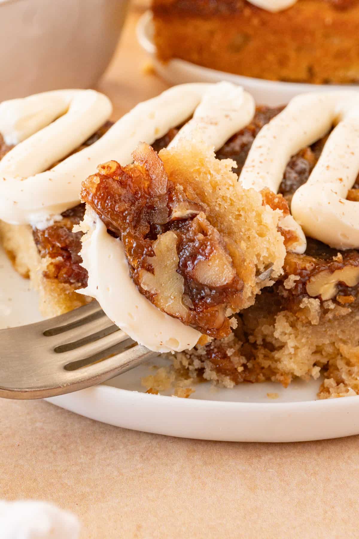 pecan pie cake piece on fork