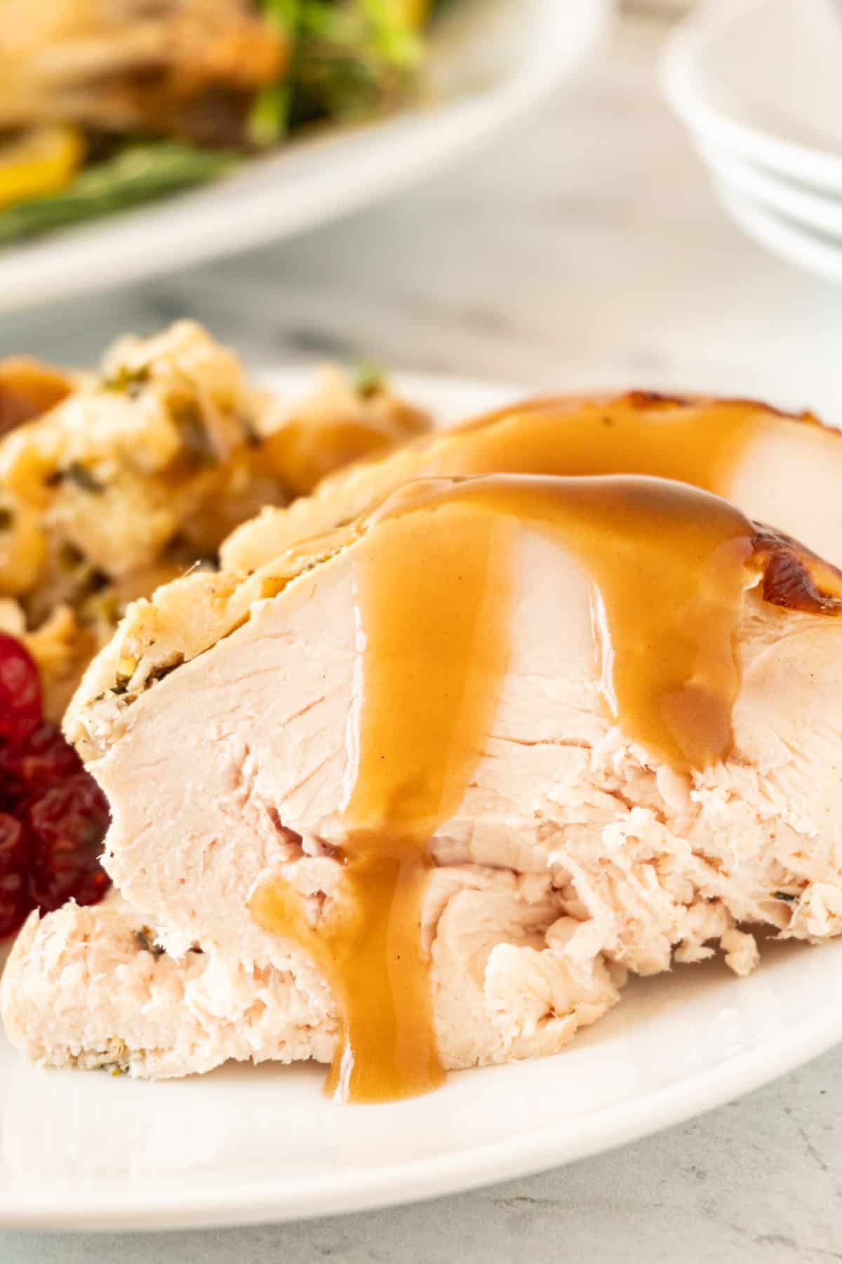 slice of turkey with gravy on it