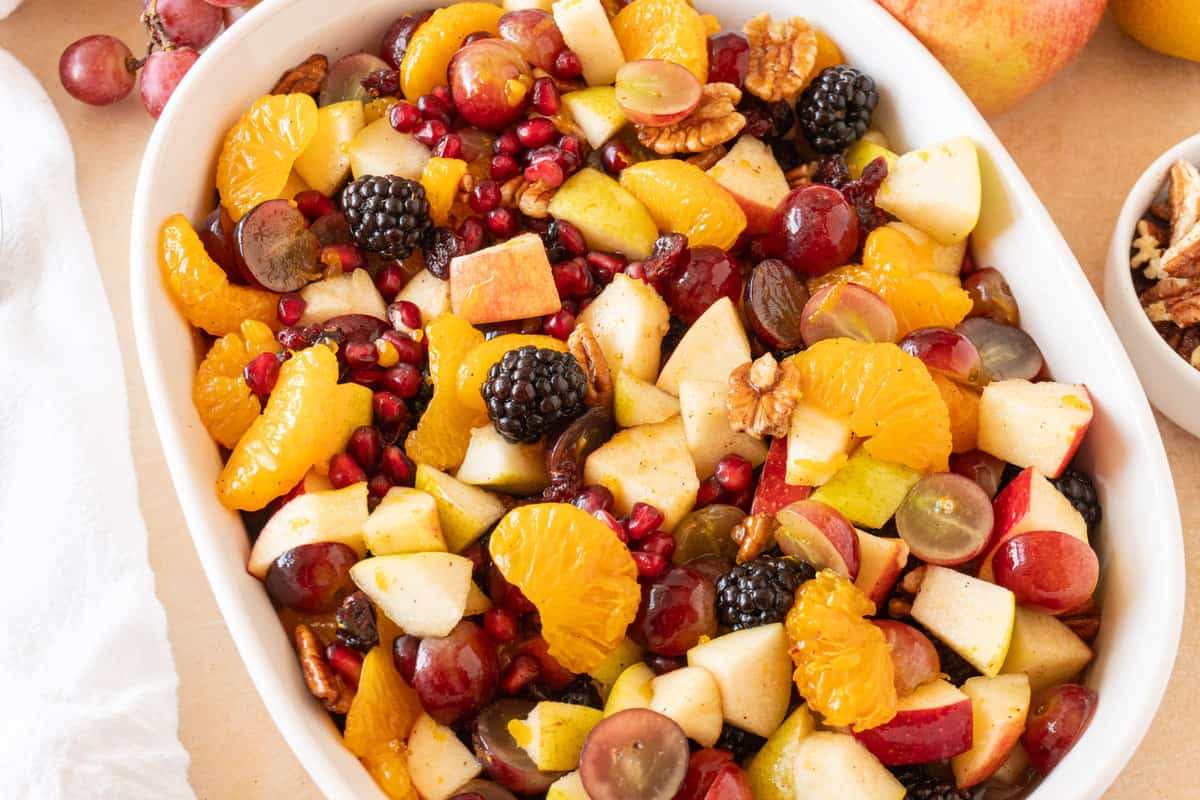 thanksgiving fruit salad in white dish