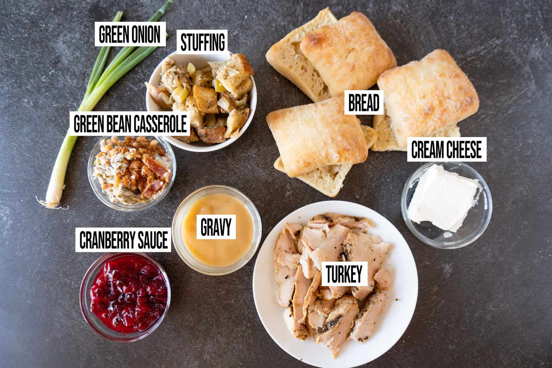 Thanksgiving Sandwich Ingredients in individual bowls and labeled.