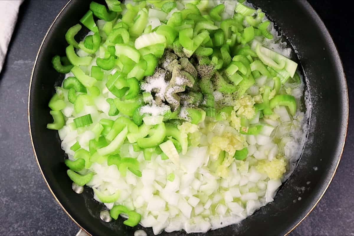 onions, celery, garlic, sat, pepper, and putter in fry pan