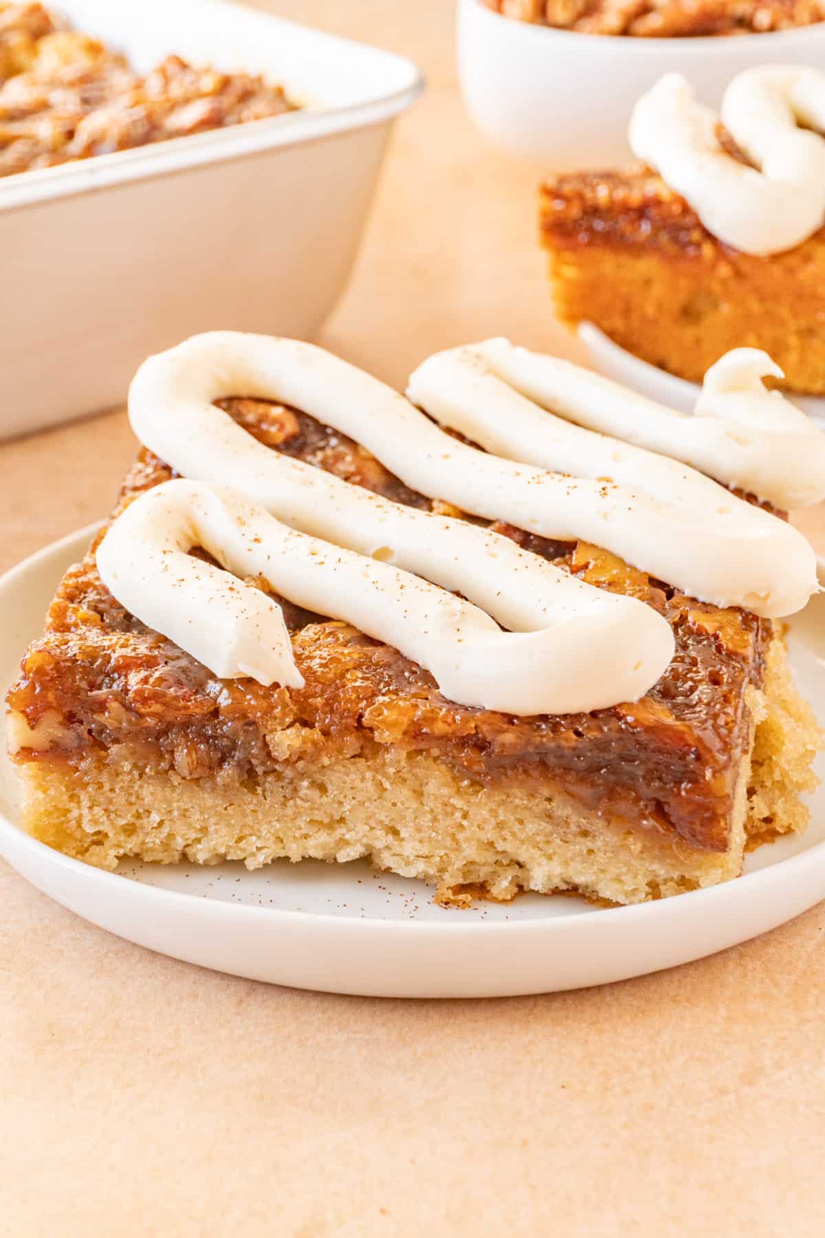 pecan pie cake on white plate