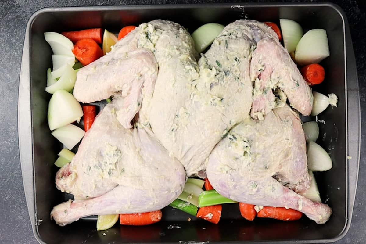 turkey in pan with veggies
