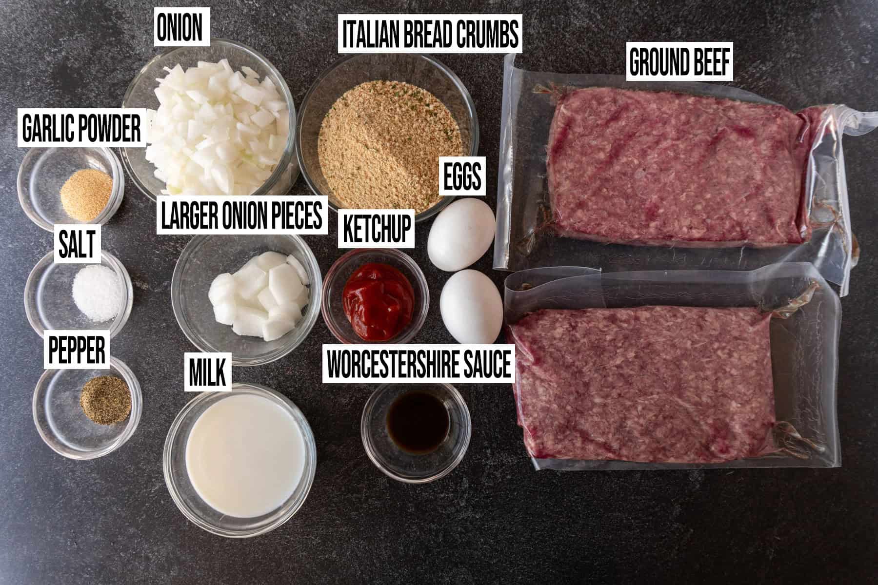feetloaf ingredients in individual bowls and labeled.