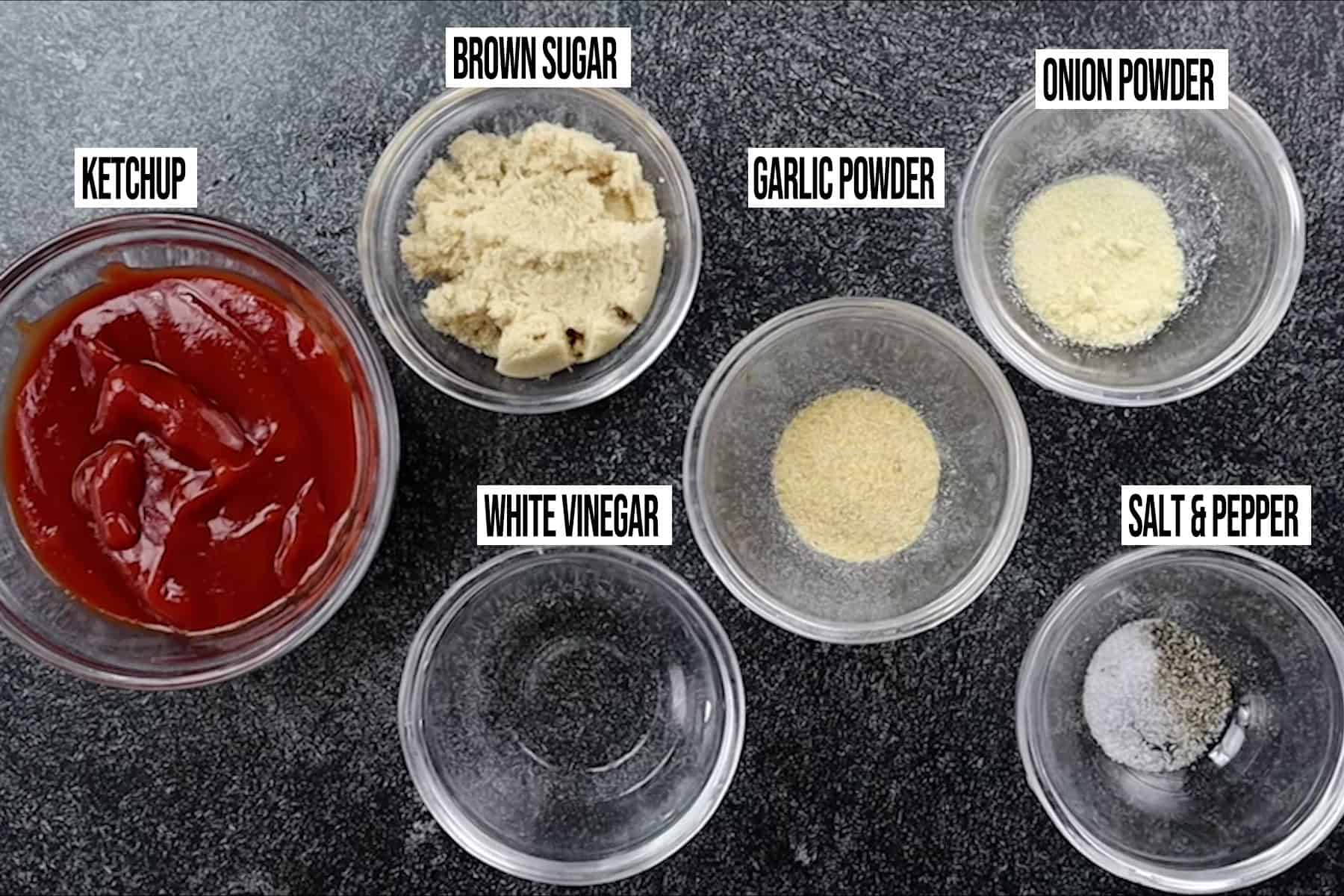 feetloaf sauce ingredients in individual bowls and labeled.