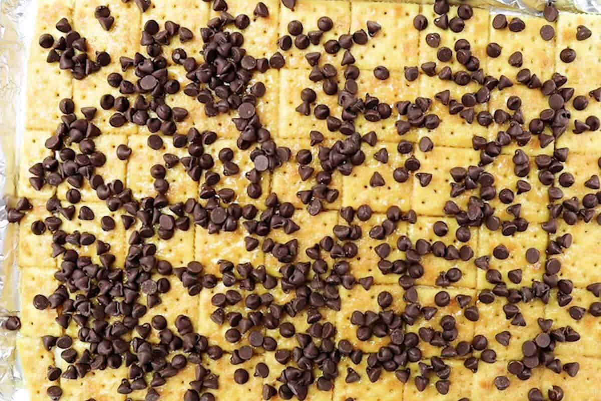 chocolate chips on toffee before melting