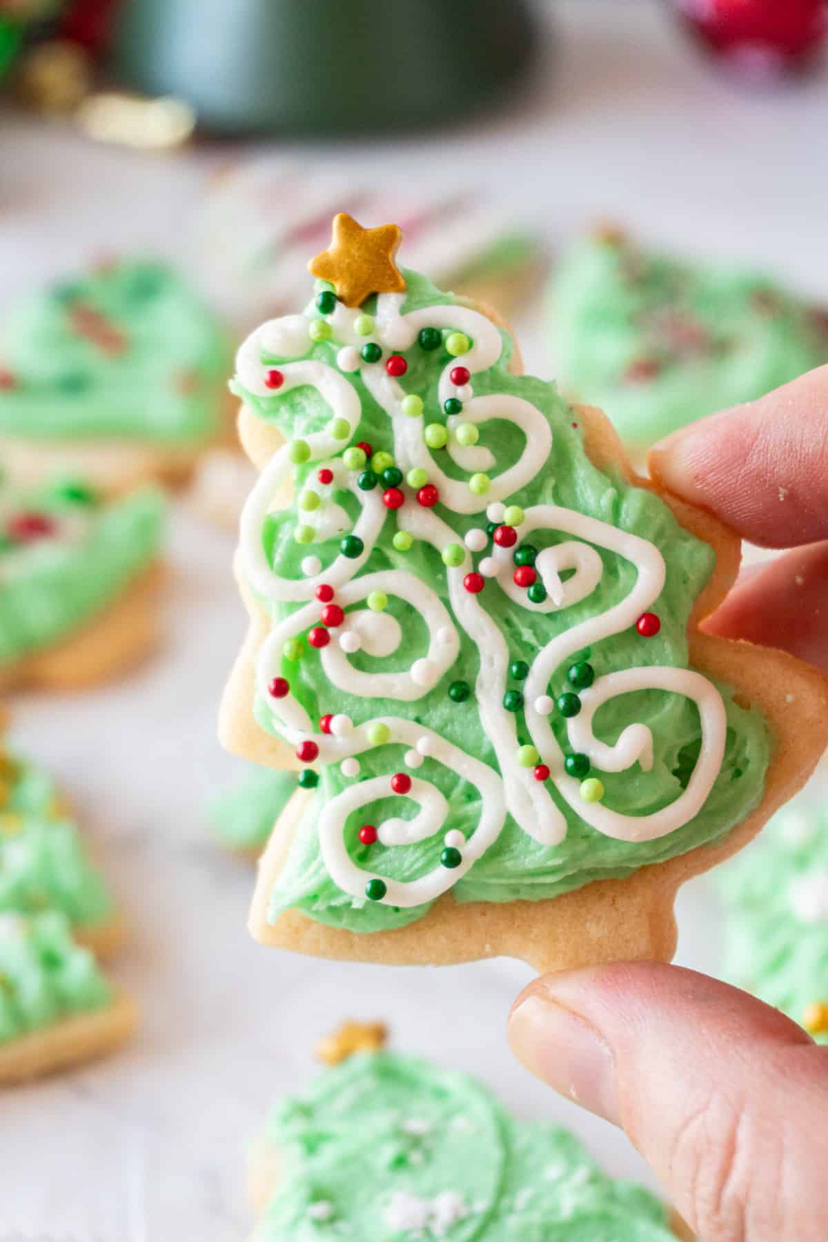 Christmas Tree Cookie with white swirls