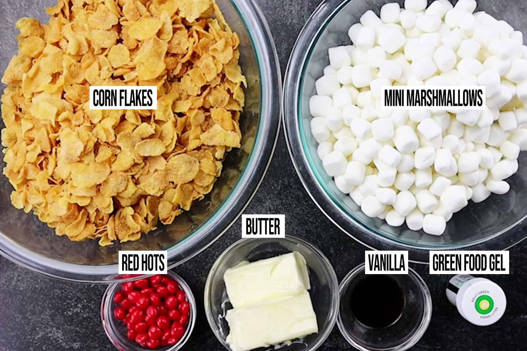 Christmas Wreath Cookies ingredients in individual bowls and labeled.