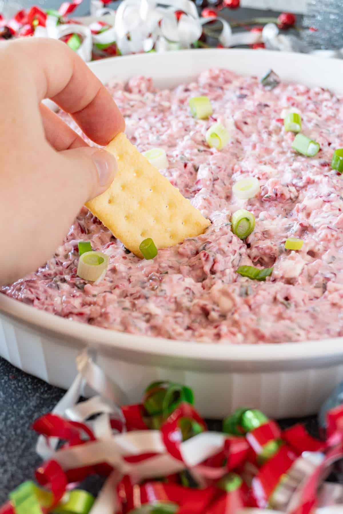 dipping a cracker into the blended dip