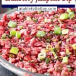 cranberry jalapeno cream cheese dip in glass dish pinterest image.