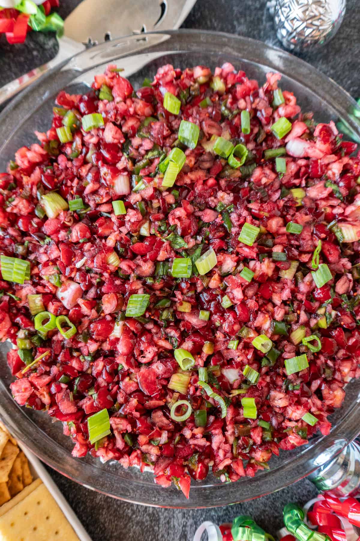 Cranberry Jalapeno Dip in pie dish