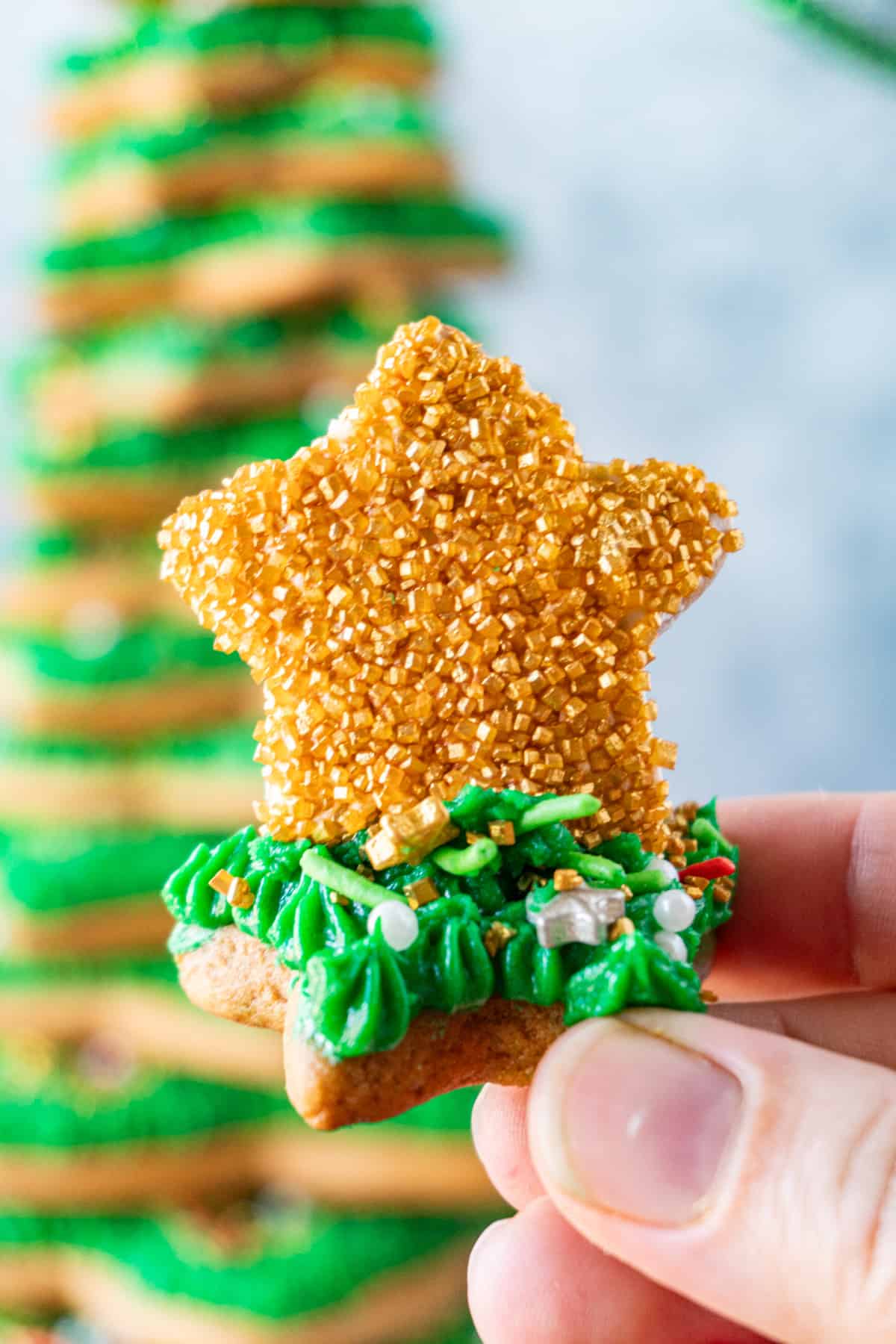 close up of tree topper cookie with Gold Sprinkles