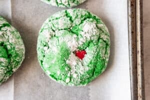 close up of Grinch cookie after baking