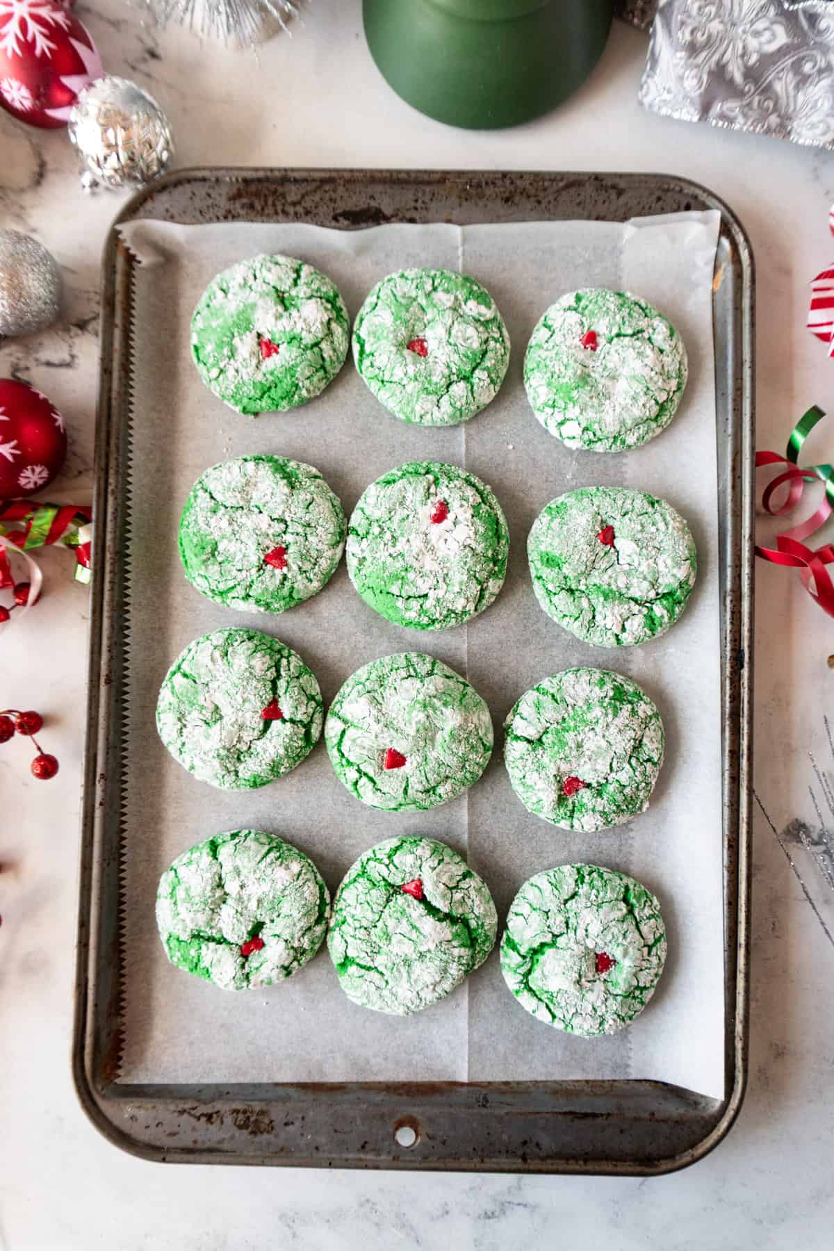 Grinch Cookies on baking sheet