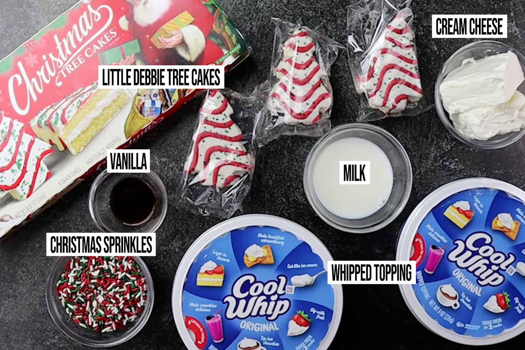 Little Debbie Christmas Tree Cakes Dip Ingredients in individual bowls and labeled.