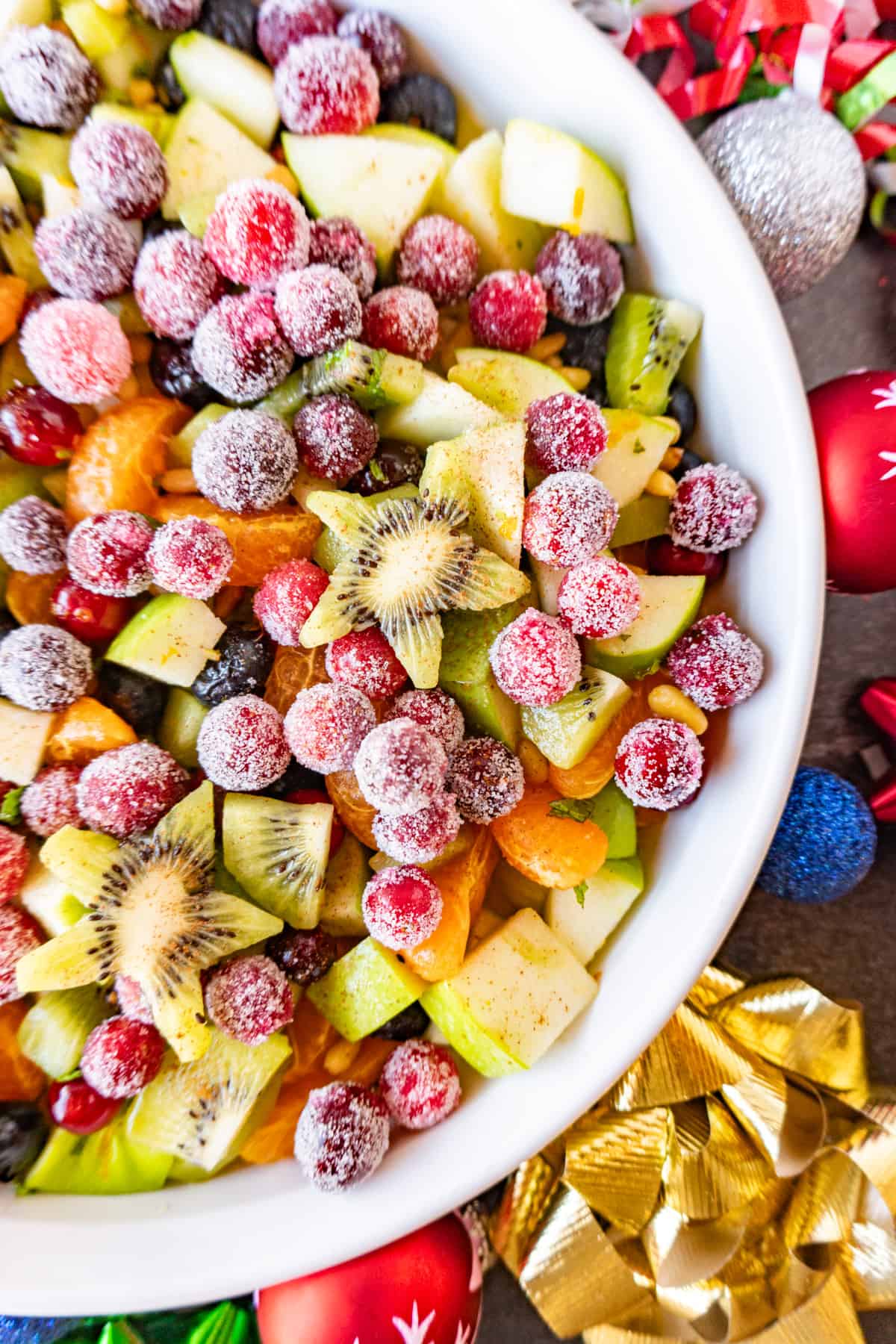 close up of Christmas fruit salad in bowl