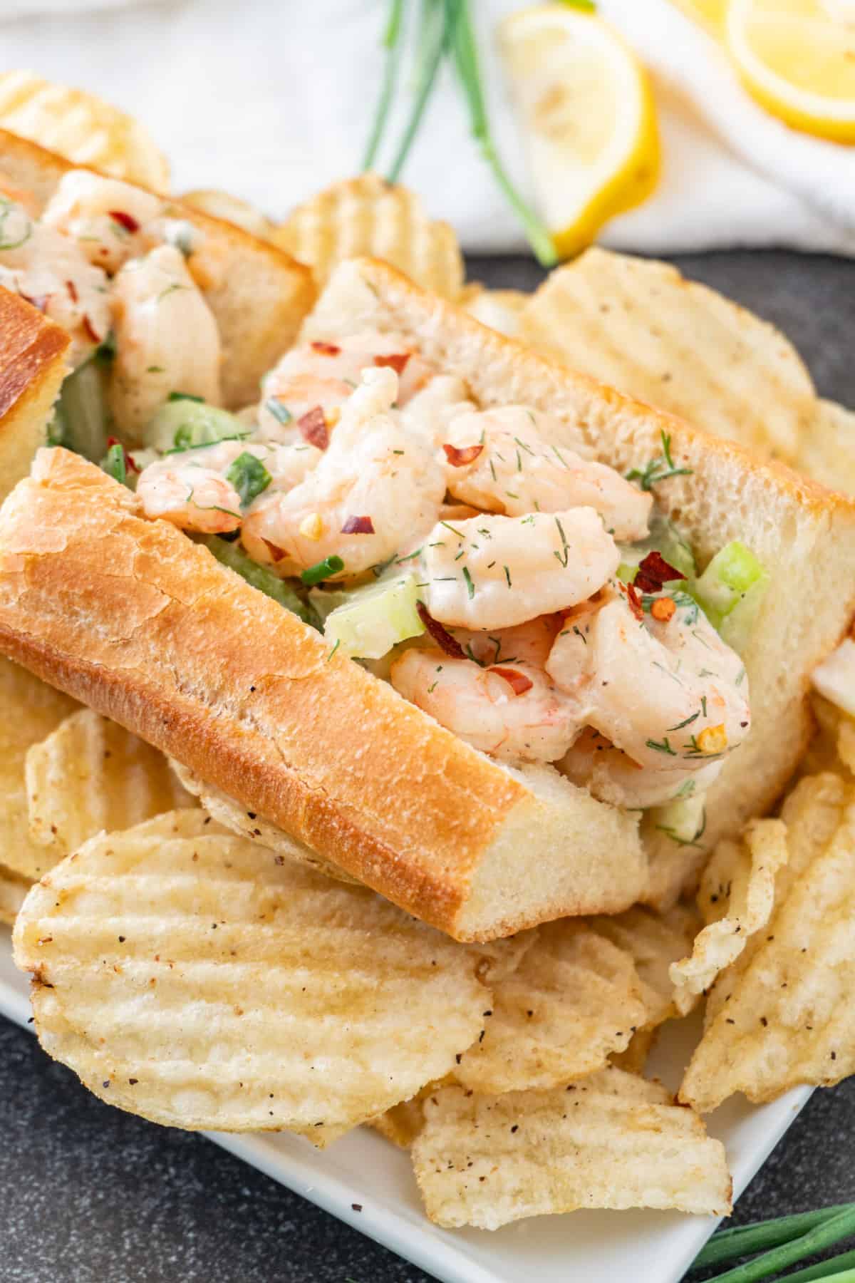 Shrimp Salad Sandwich on plate with chips