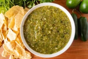 Roasted Tomatillo Salsa in white bowl