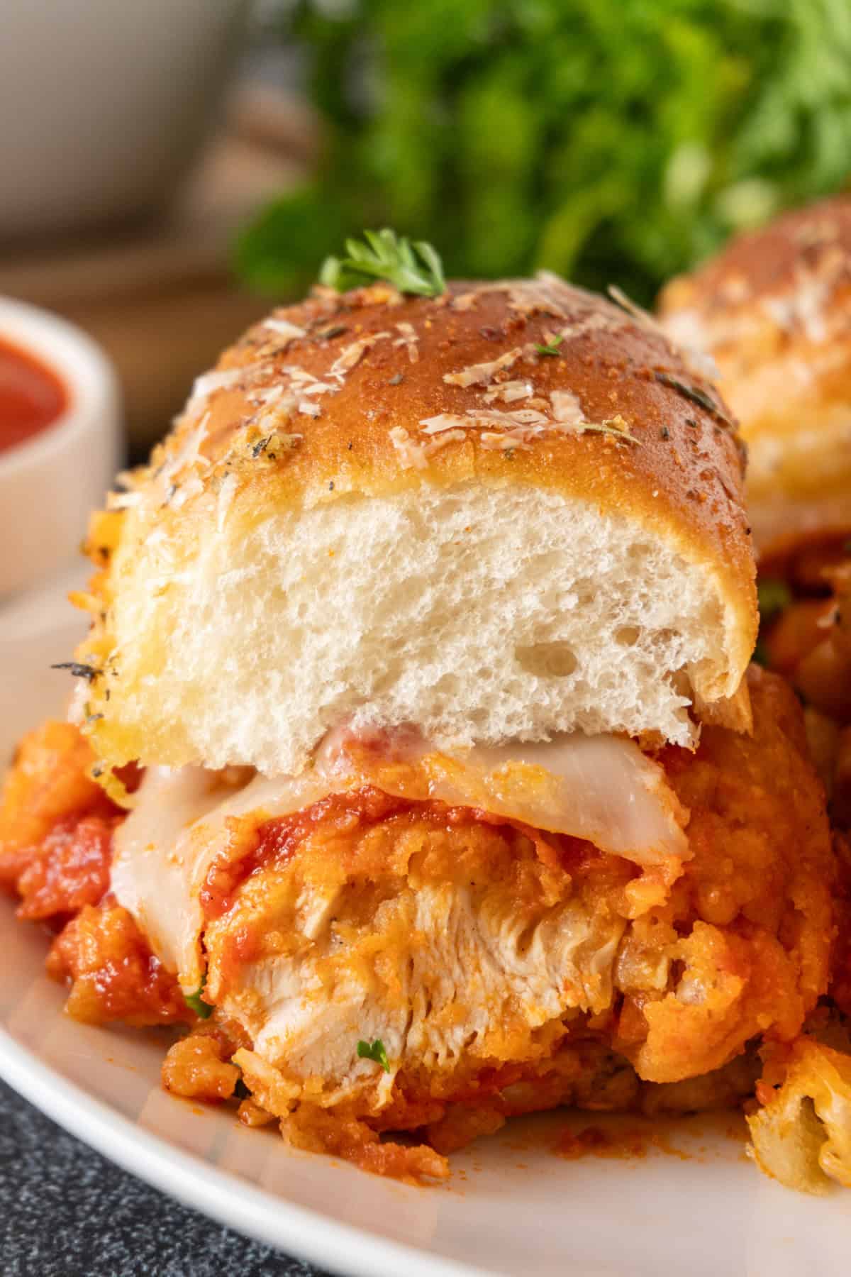 close up of chicken parm slider
