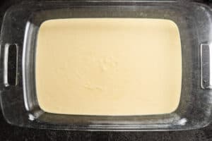 cake batter in baking dish.