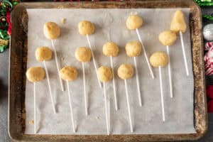 cake pops rolled and sticks stuck in.
