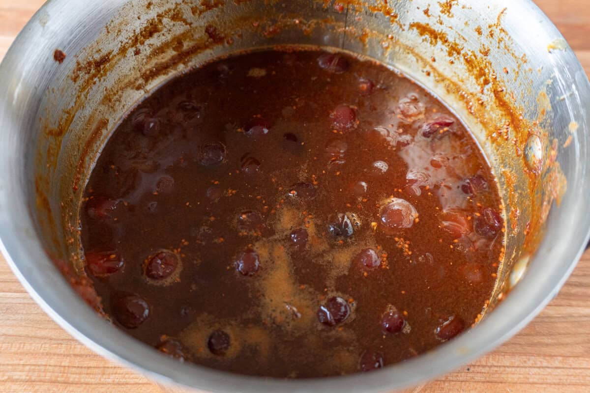 glaze ingredients simmered in sauce pan.