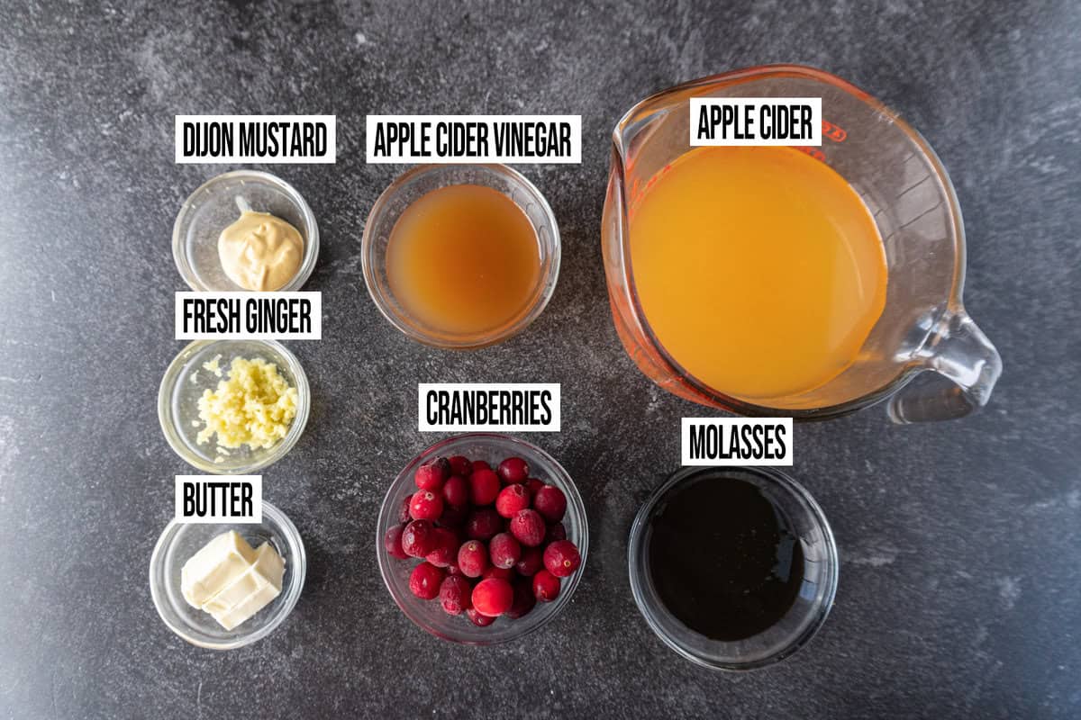 cranberry molasses glaze ingredients in individual dishes.