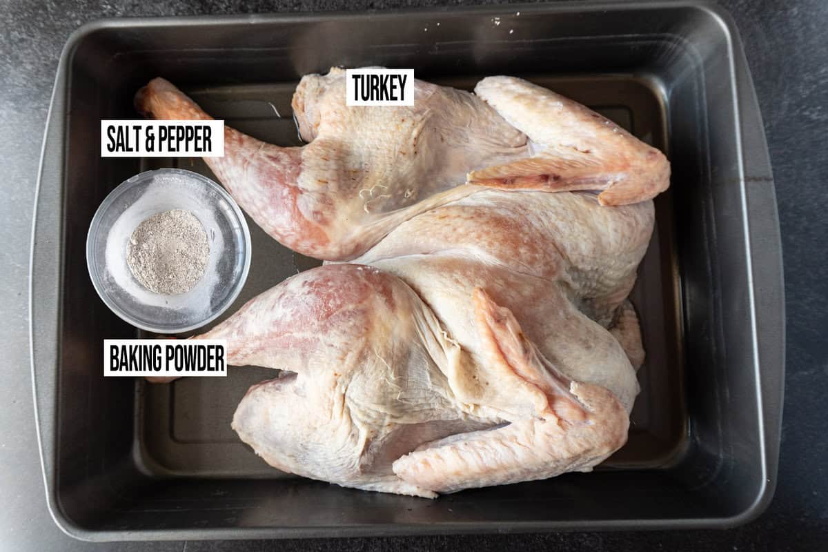 raw turkey and dry rub ingredients in large baking pan.