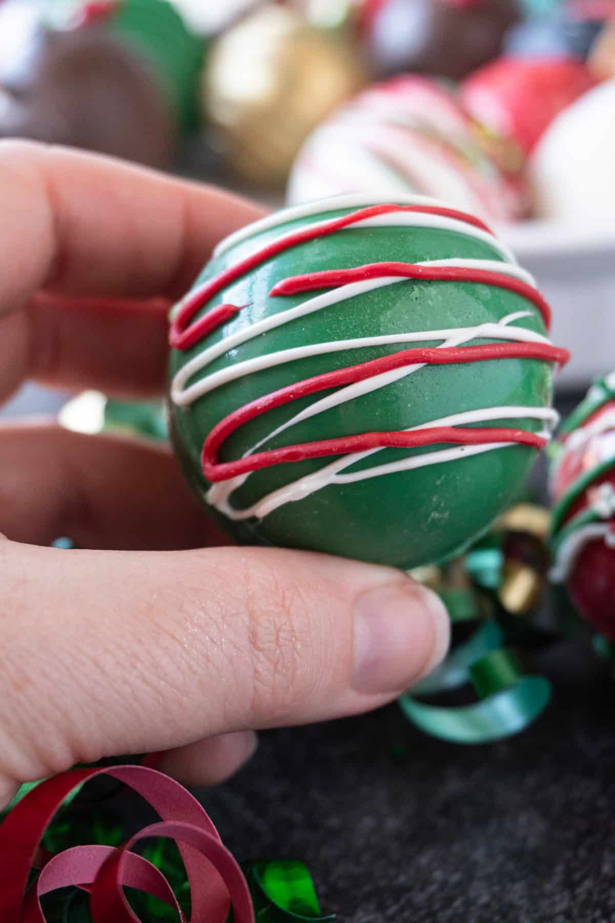 green stripped hot cocoa bomb