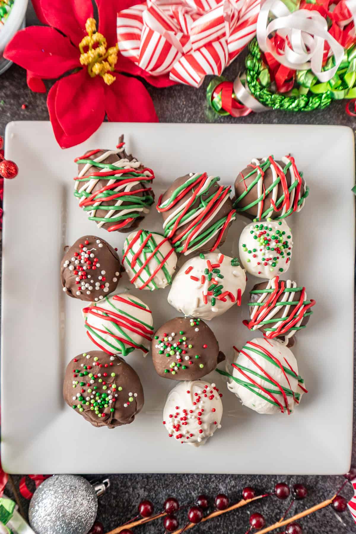 christmas oreo balls striped on plate