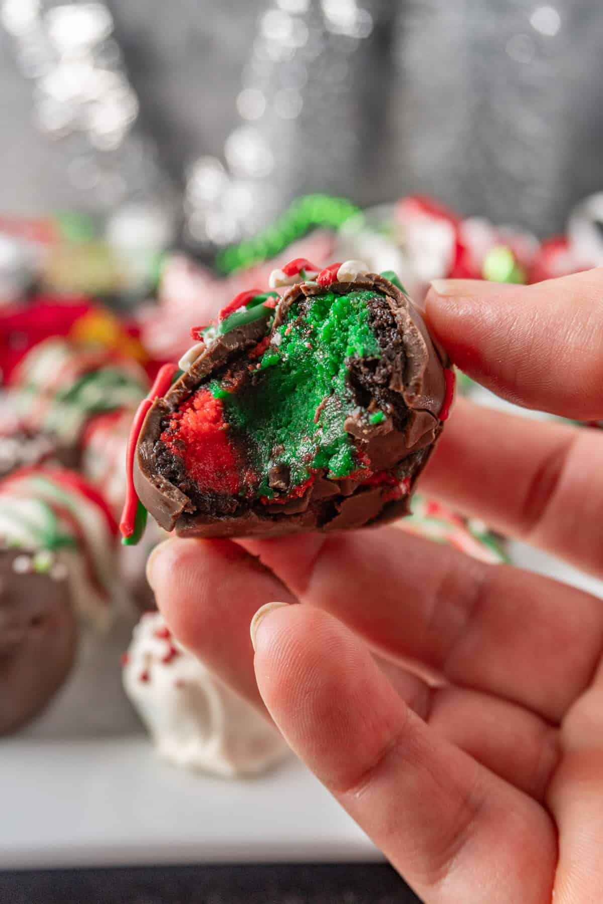 christmas oreo ball with red and green center