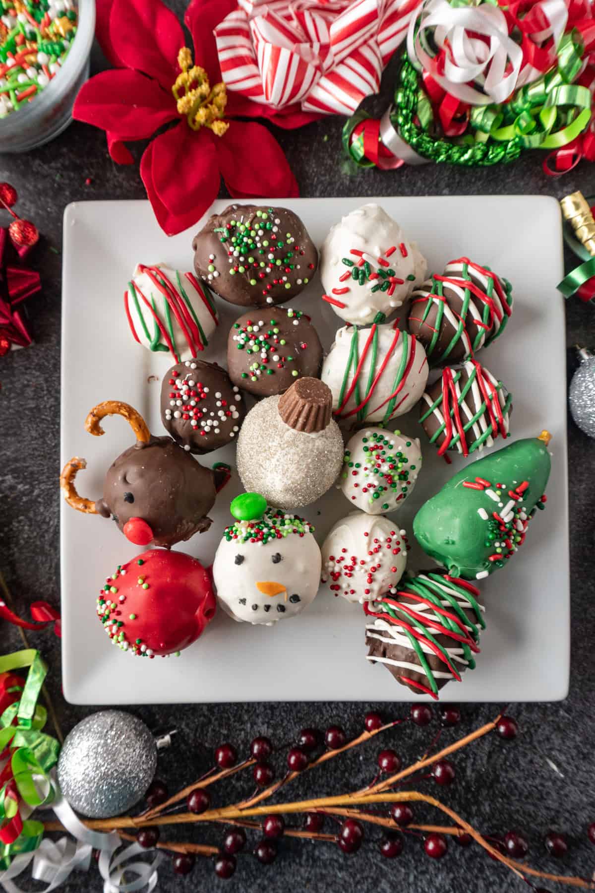 decorated christmas oreo balls in white plate