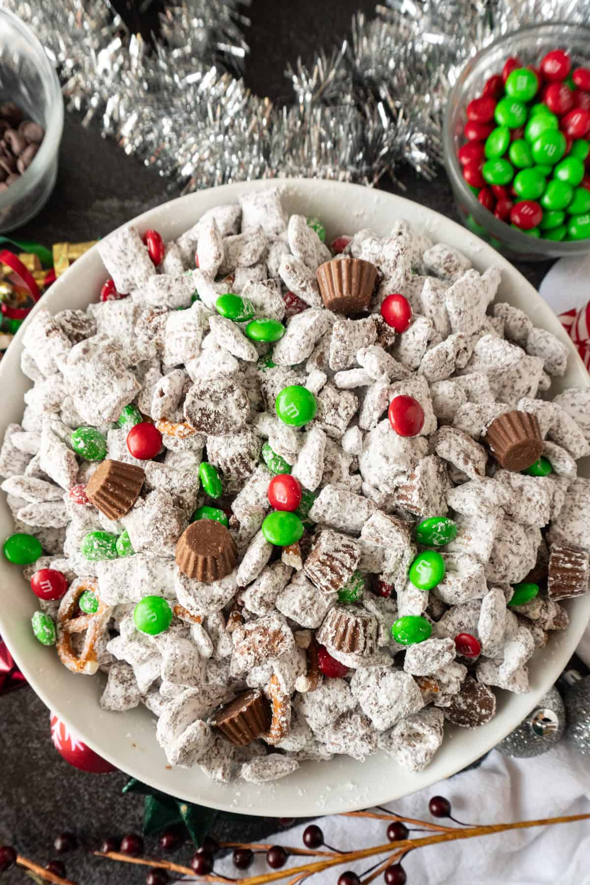 Chex Mix Muddy buddies with christmas candies