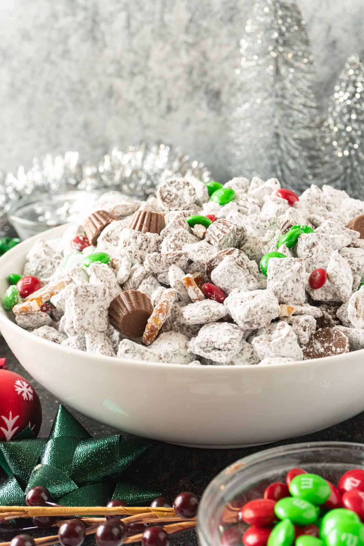 Chex Mix Muddy buddies in large white bowl