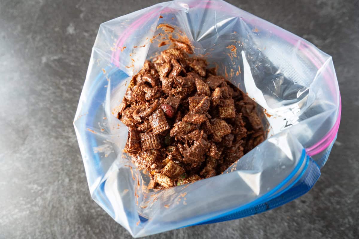 chocolate coated Chex mix in bag